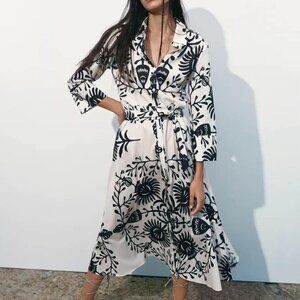 Zara Black White Floral Print Shirt Dress Belted Midi